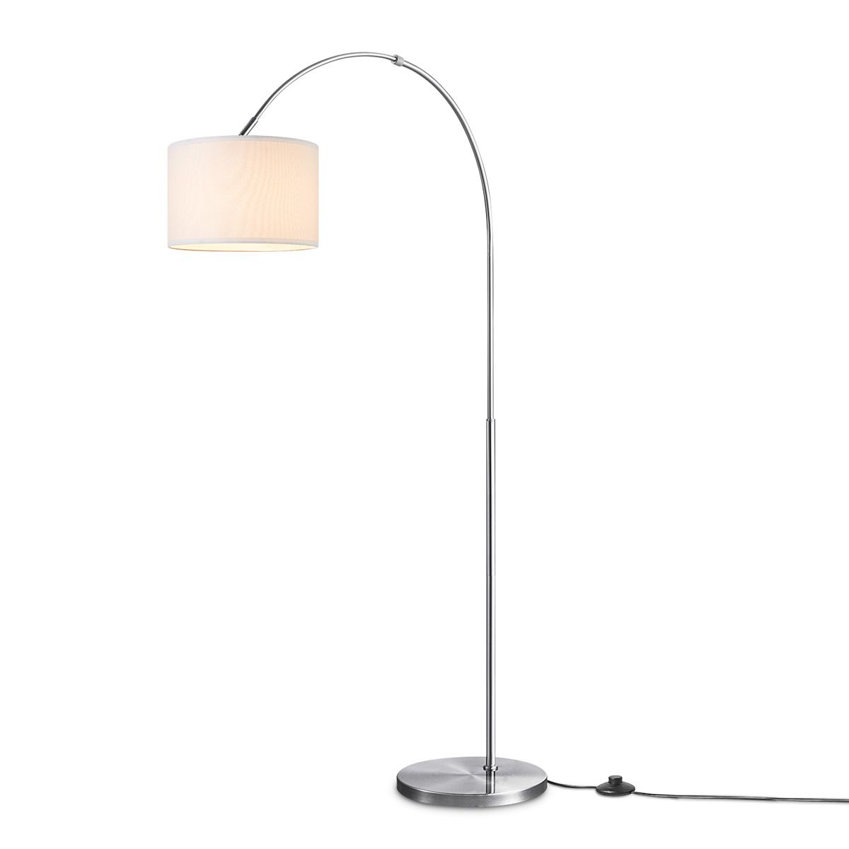 Duke Moderne Boogvloerlamp – Mat Staal met Witte Katoenen Kap