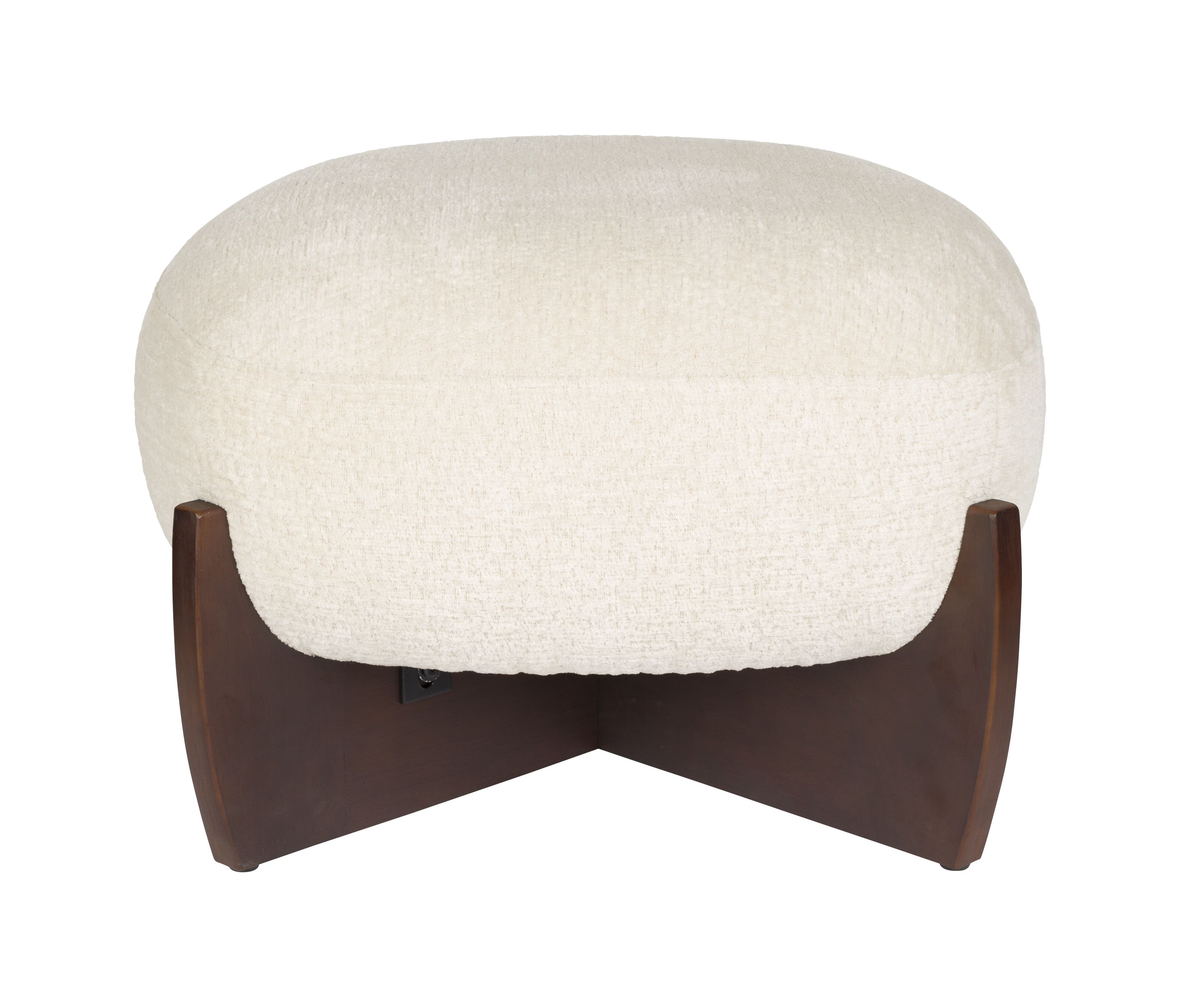 Dutchbone Emilius Hocker – Luxe Bouclé in Wit met Walnoot Rubberhouten Onderstel
