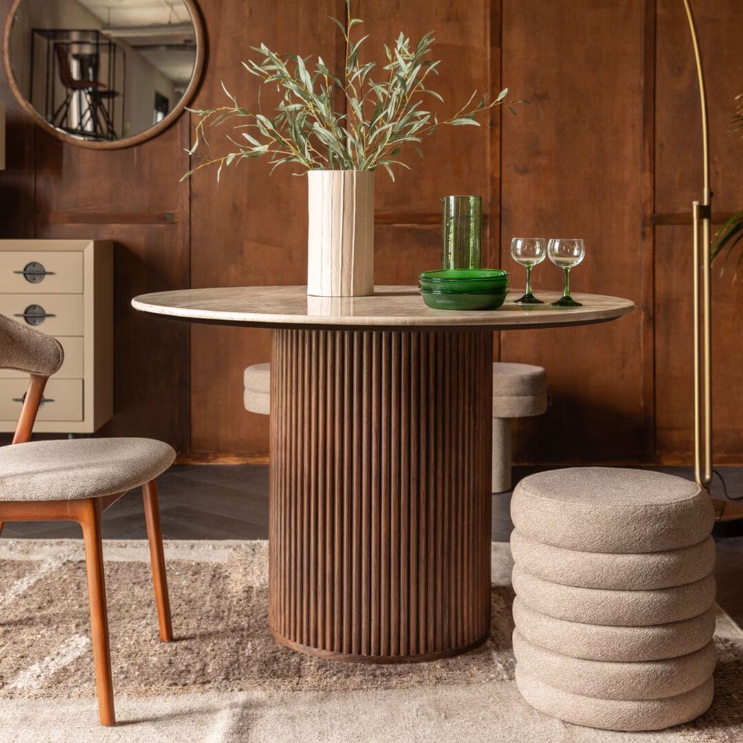 Dutchbone ronde eettafel Arda – 115 cm walnoot en travertin