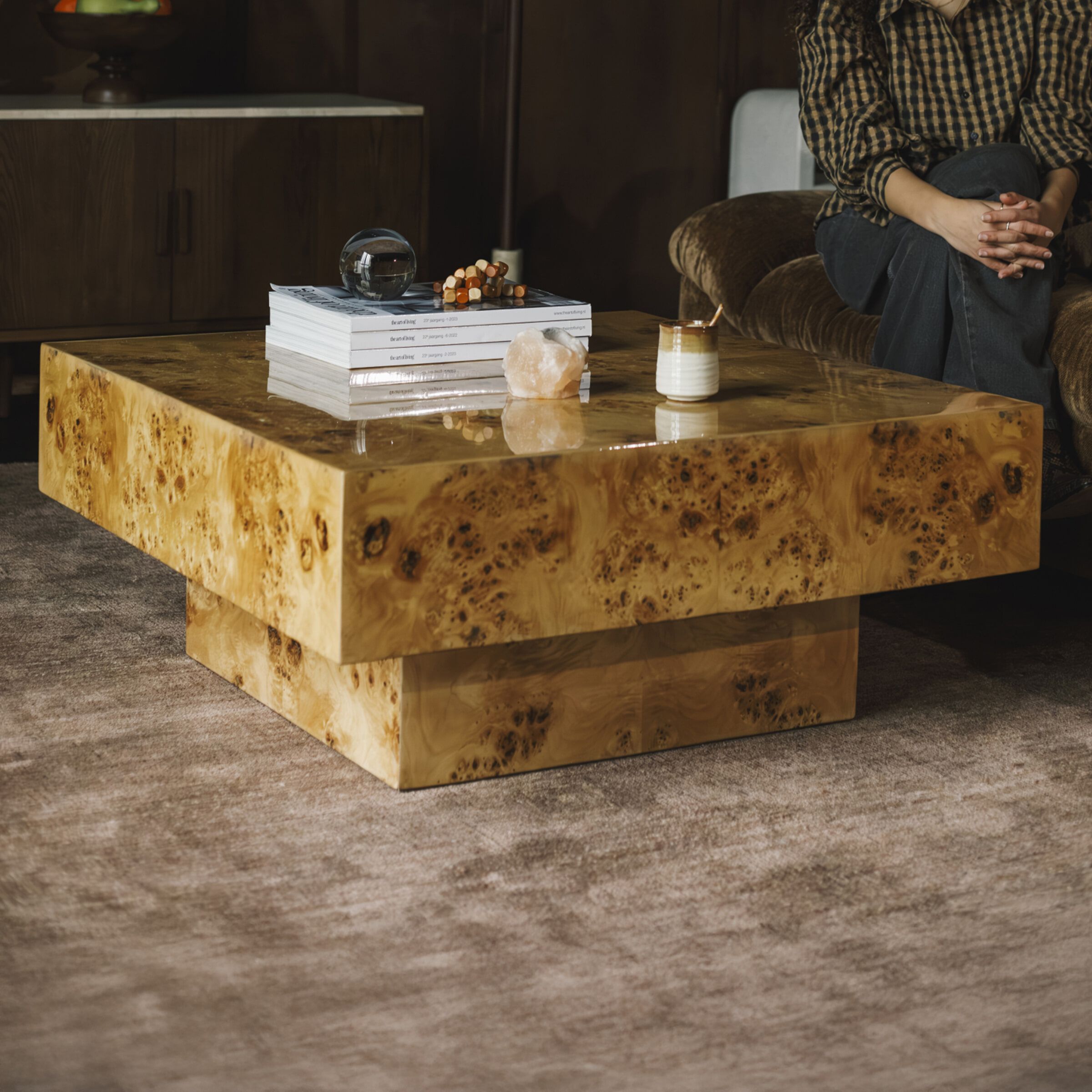 Dutchbone Salontafel Quinn – Vierkante Eucalyptushout Tafel 90 cm, Retro Jaren‑70 Stijl
