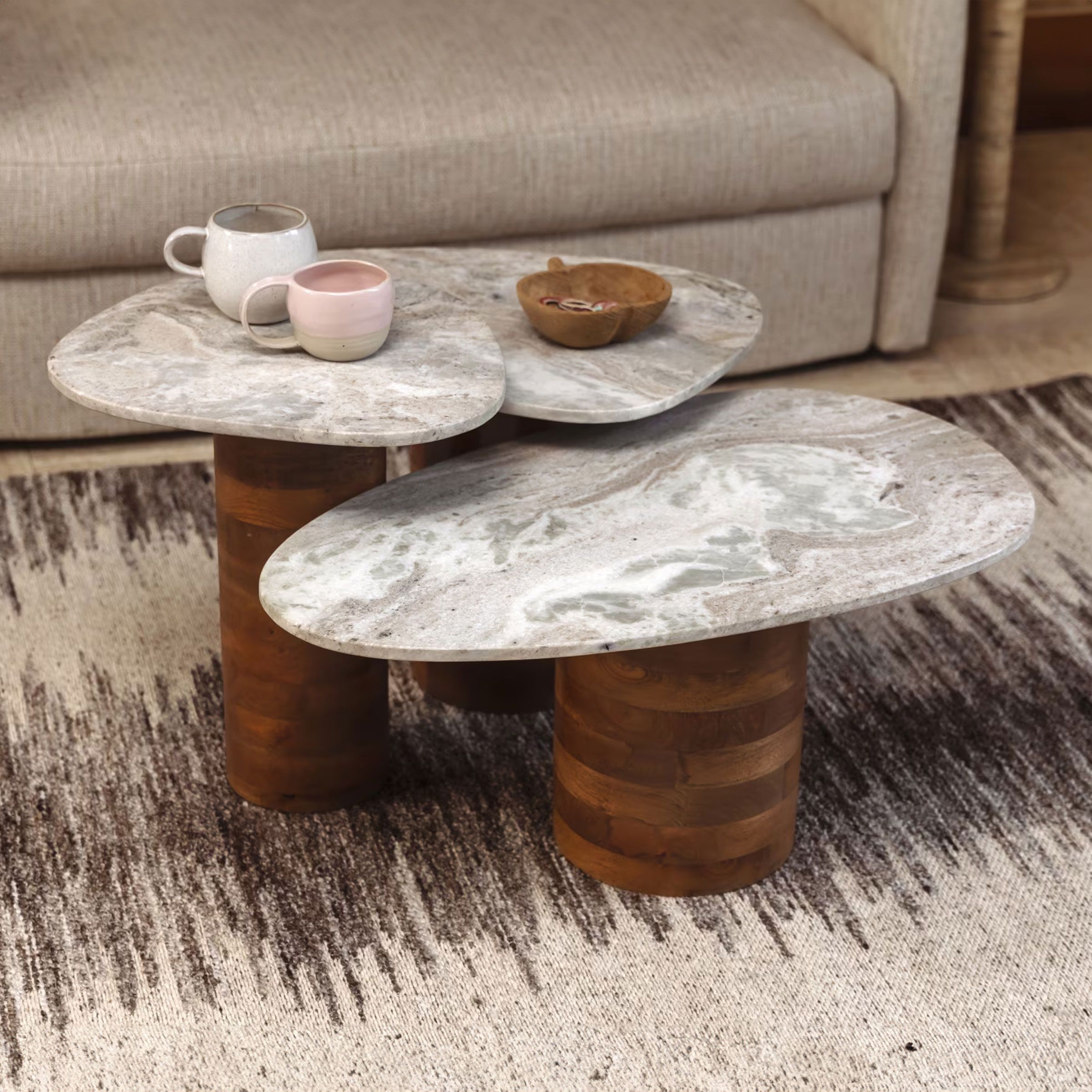 Dutchbone Suki Organische Bijzettafels – Marmer & Mangohout Set van 3 (Wit)