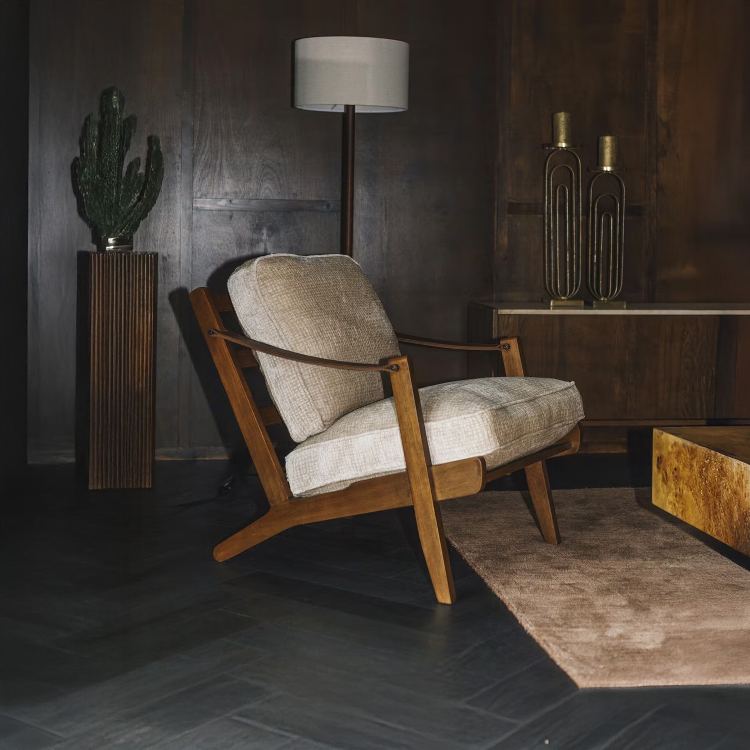 Dutchbone Washington Fauteuil – warm mangohout, leer en geweven stof in beige