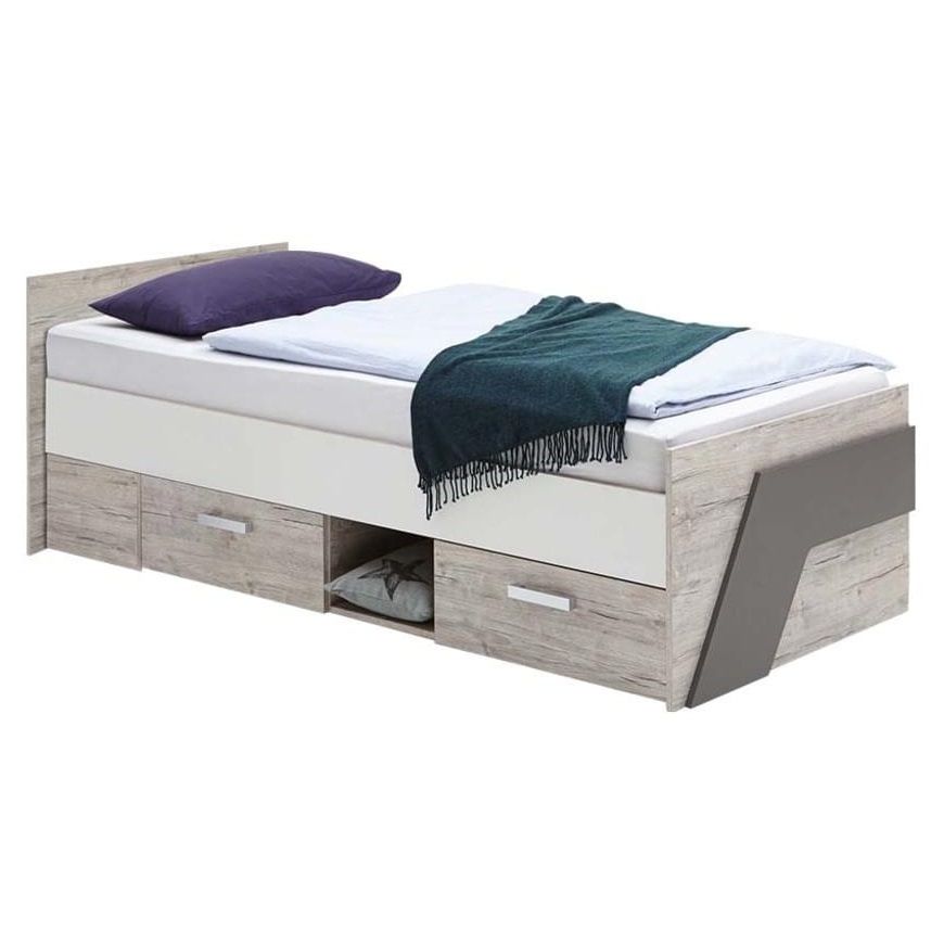 Eenpersoonsbed Nona 200 cm – Zand eiken, modern met opberglade