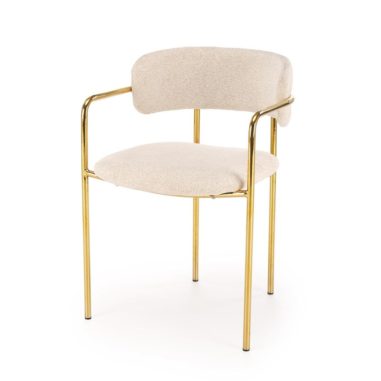 Eetkamerstoel Flavio – crèmekleurige bouclé stoel met gouden metalen frame