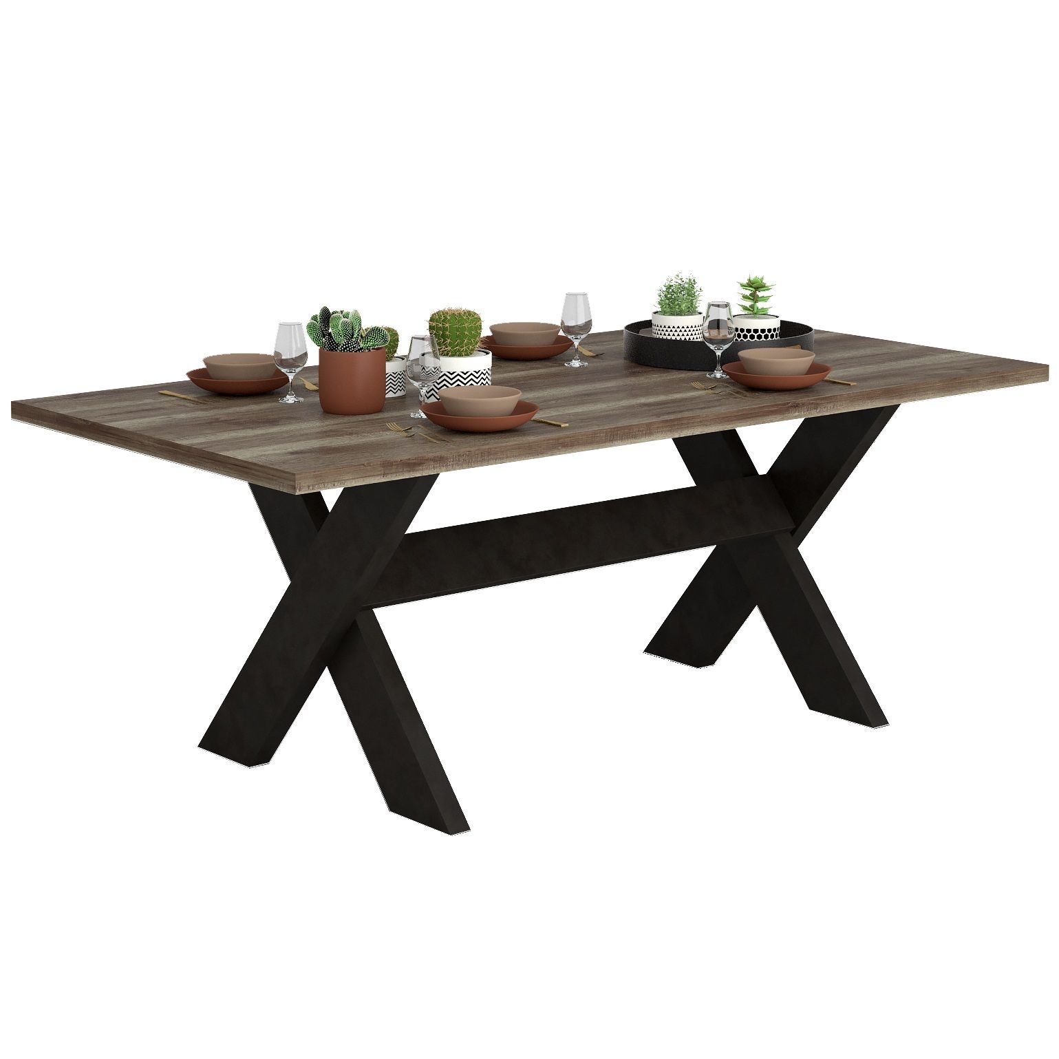 Eettafel Malt X – 180 × 90 cm, oud eiken & antraciet, industrieel design