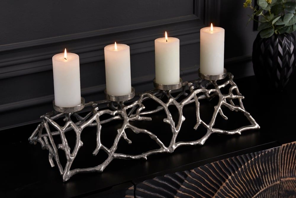 Elegant abstracte kaarsenhouder 60 cm – Zilveren design voor 4 kaarsen