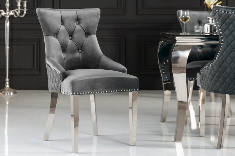 Elegant Chesterfield eetkamerstoel CASTLE DELUXE – luxe grijs fluweel