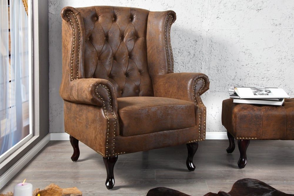 Elegant Chesterfield Fauteuil 85 cm – Antiek Bruin met Knoopstiksel & Veerkern