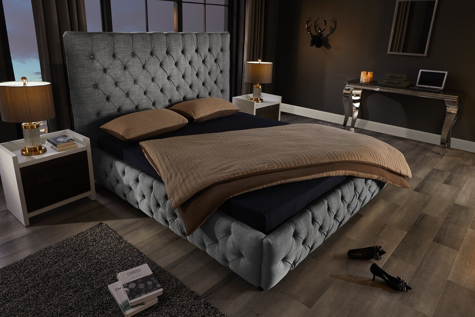 Elegant design bedstee PARIS – 180 × 200 cm grijs linnen Chesterfield van Invicta Interior