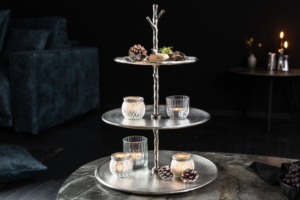 Elegant Design Taartplateau ABSTRACT – 48 cm Zilveren Drie‑Niveaus Concept