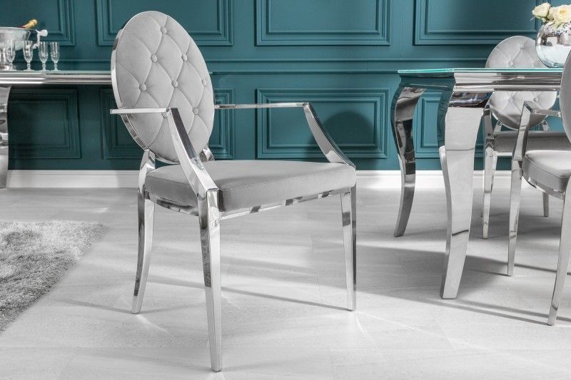 Elegant designstoel Modern Barok – edelgrijs fluweel met armleuningen