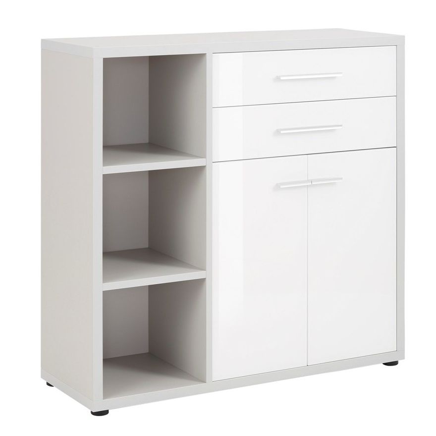 Elegant Dressoir Banco 110 cm – Platina grijs met witte glazen fronten