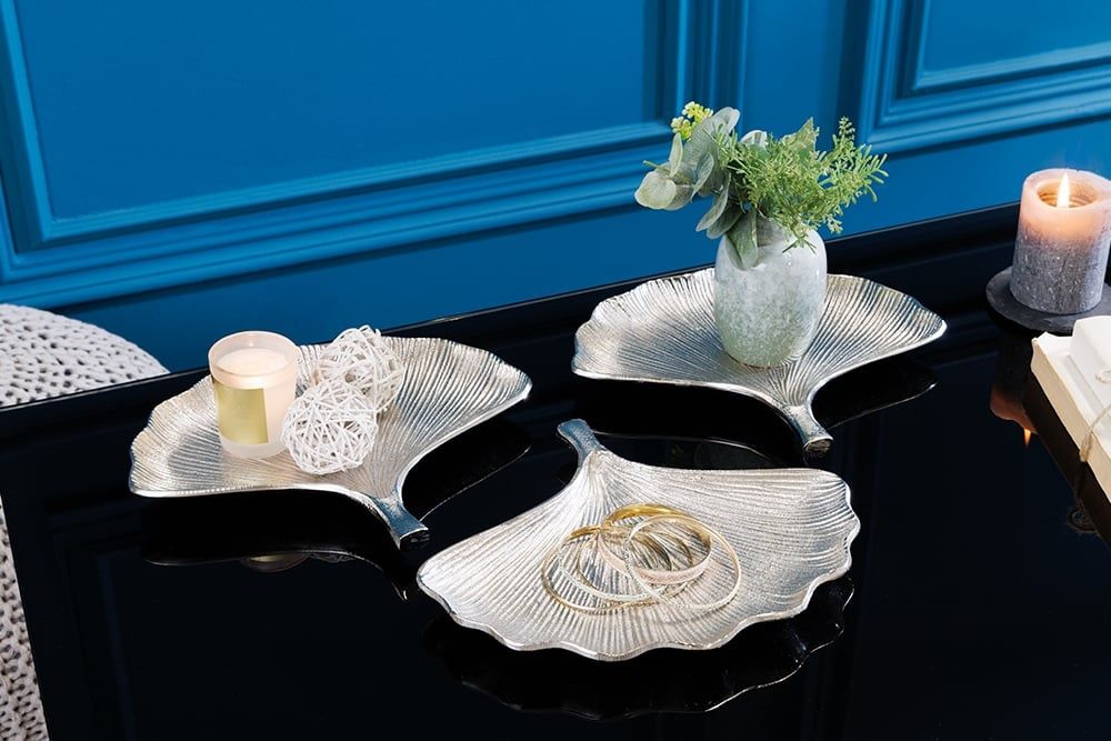 Elegant Ginkgo decoratieve kommen set – 3 handgemaakte metalen kommen (30 cm) in zilver
