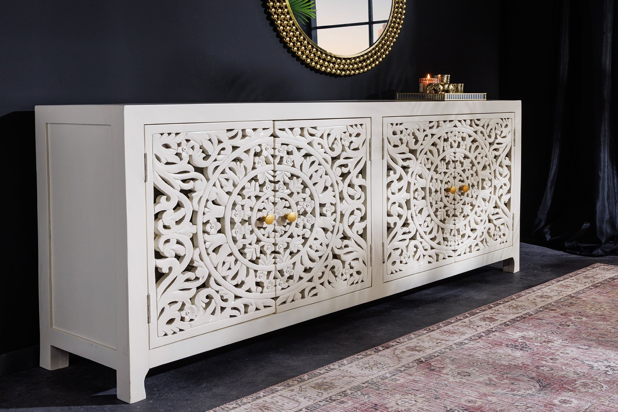 Elegant massief dressoir Marrakech 170 cm – wit mangohout met handgemaakte details