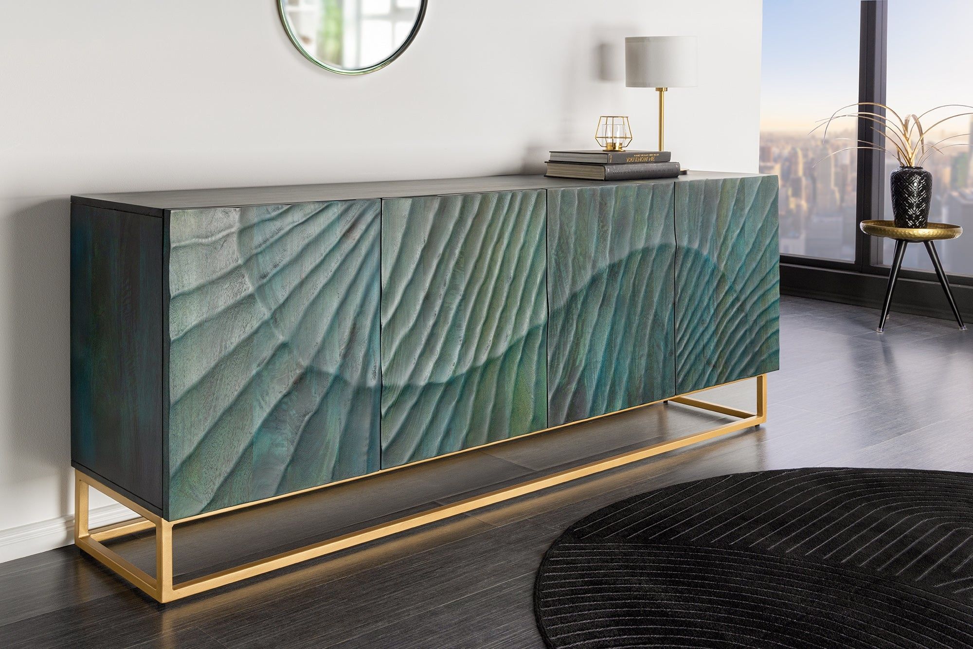 Elegant massief dressoir SCORPION – 180 cm turquoise mangohout met gouden accenten