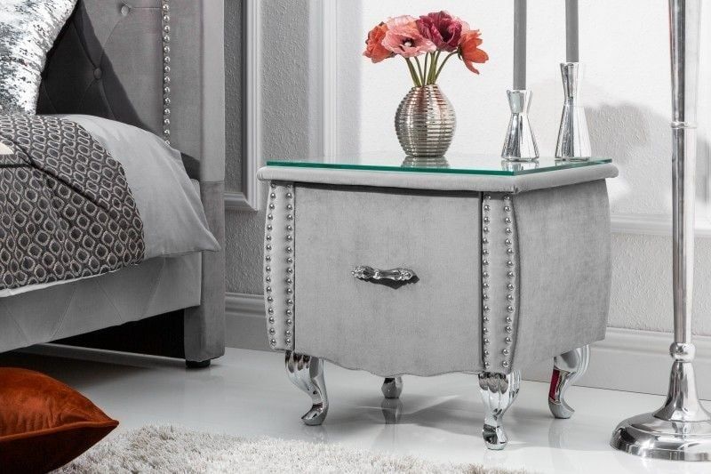 Elegant nachtkastje EXTRAVAGANCIA – Zilvergrijs fluweel met lade