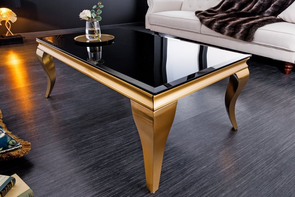 Elegant Salontafel Modern Barok – Zwart Opaalglas met Gouden Poten – 100 cm