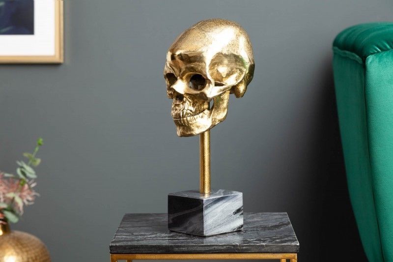 Elegant sculptuur SKULL – gouden schedel op marmeren voet