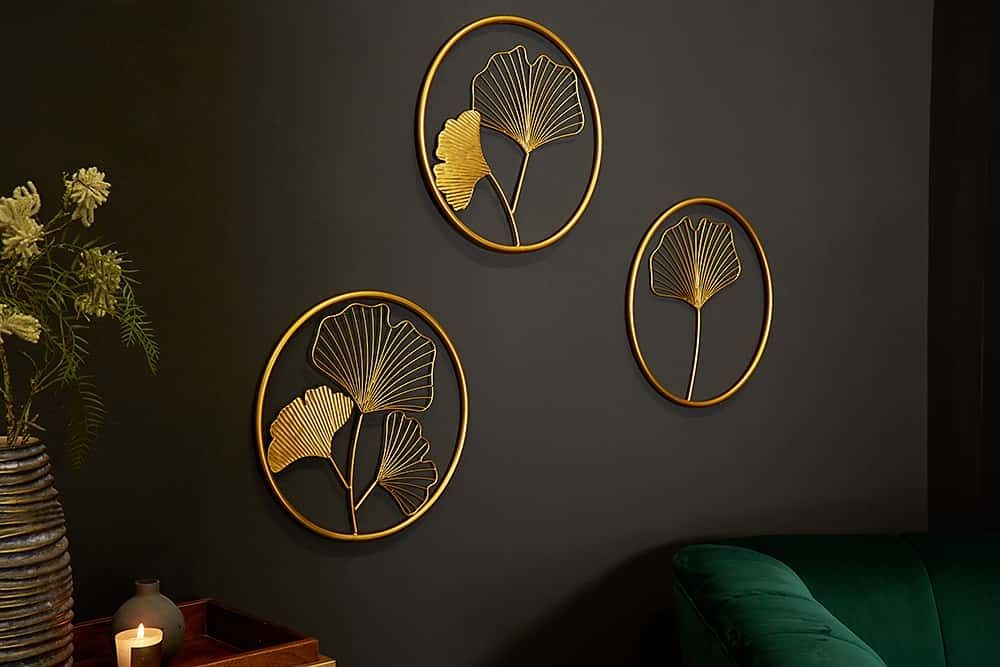 Elegant set wanddecoratie – 3 gouden GINKGO bladvormen, 40 cm
