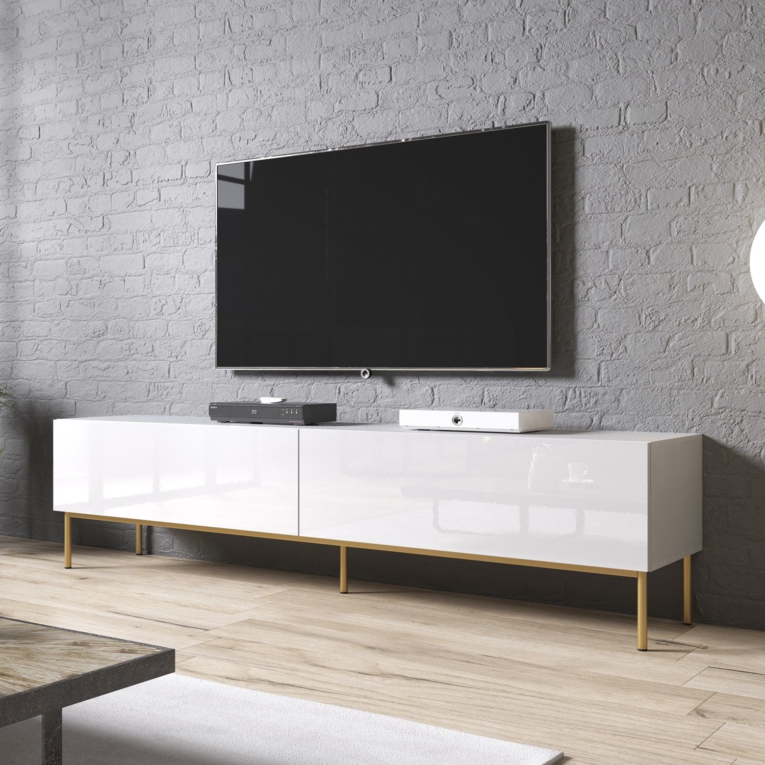Elegant tv‑meubel Slide 200 cm – Hoogglans wit met gouden poten