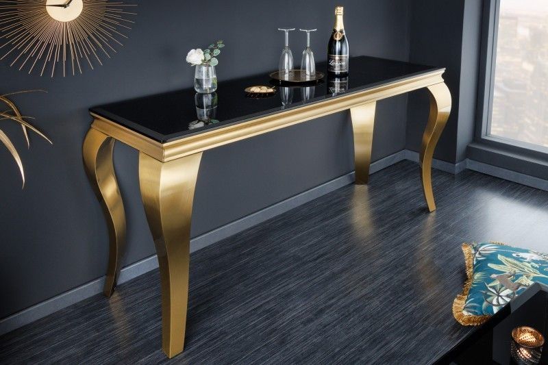 Elegante consoletafel Modern Barok – 145 cm, zwart‑goud, oopalglastoep met roestvrijstalen poten