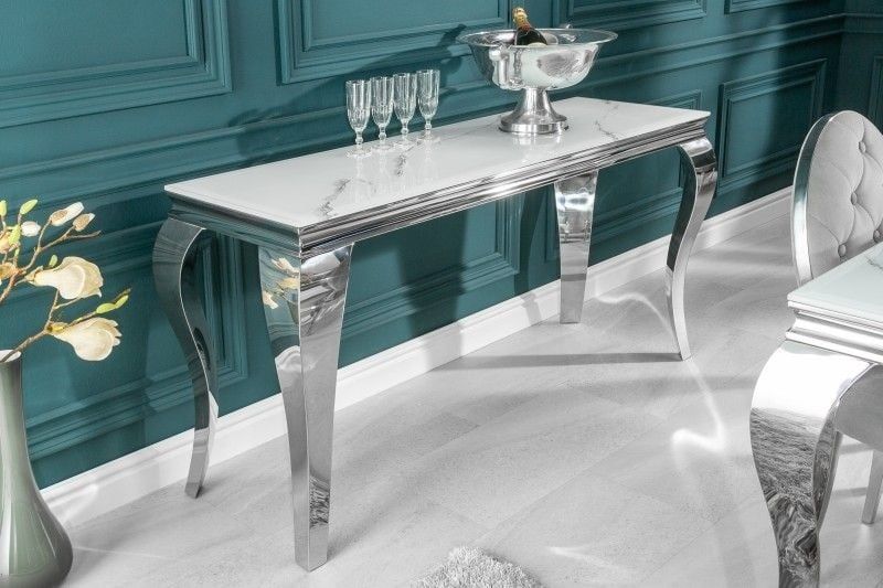 Elegante Consoletafel Modern Baroque – 145 cm met marmerlook glasblad en roestvrijstalen poten