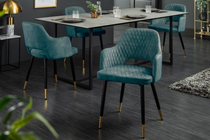 Elegante eetkamerstoel PARIS in petrol fluweel – retro design met gouden voetdoppen