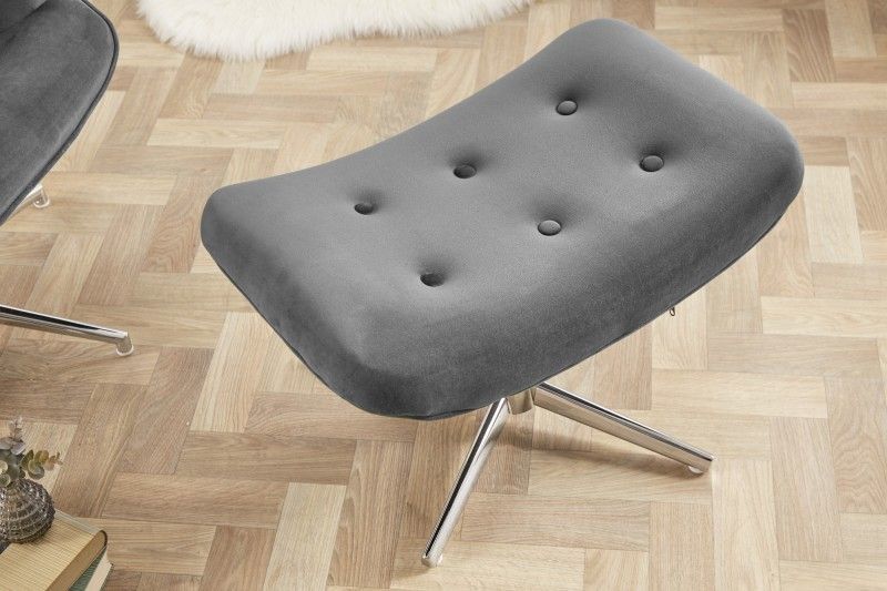 Elegante grijze fluwelen kruk MR LOUNGER met chroom frame – stijlvol zitcomfort voor elk interieur