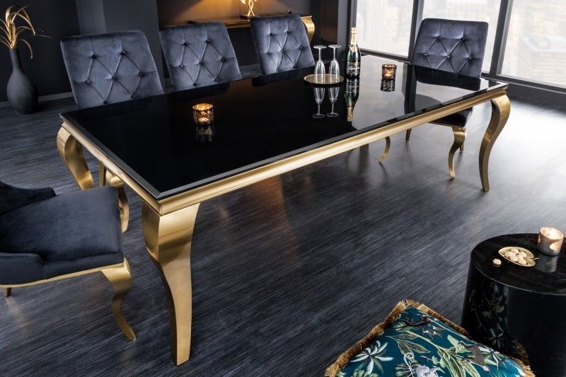 Elegante Modern Barok eettafel – 200 cm, Zwart‑Goud met Opaal Glazen Blad | Invicta Interior