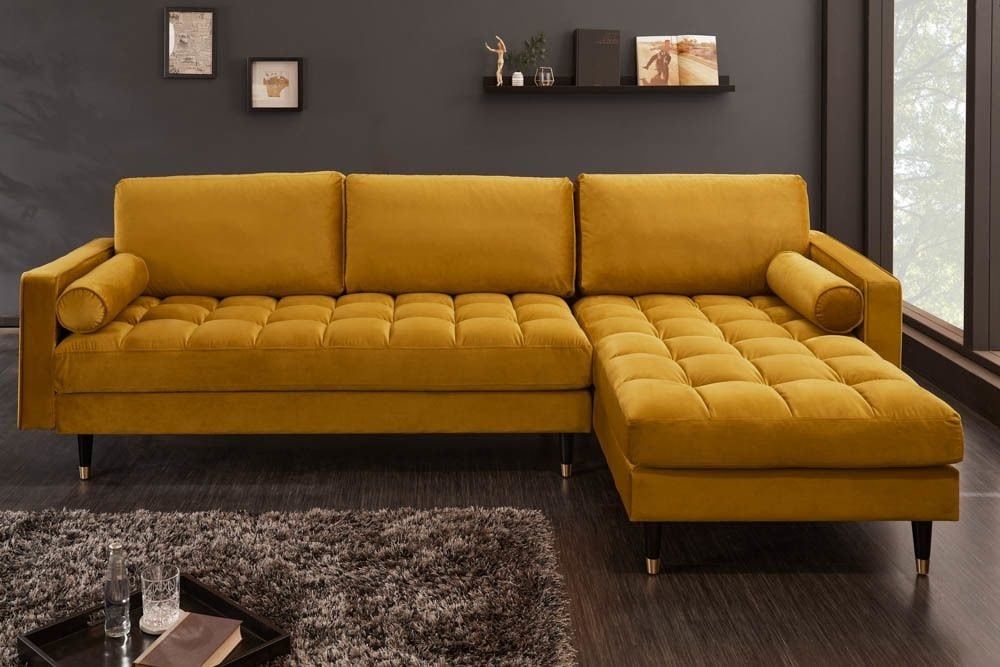 Elegante mosterdgele hoekbank COSY VELVET – 260 cm fluweelcomfort