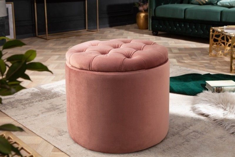 Elegante oudroze fluwelen kruk met barokke opbergmand – Invicta Interior