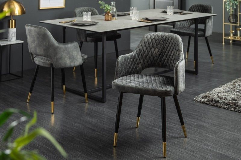 Elegante PARIS eetkamerstoel – groene fluwelen bekleding, gouden voetdoppen