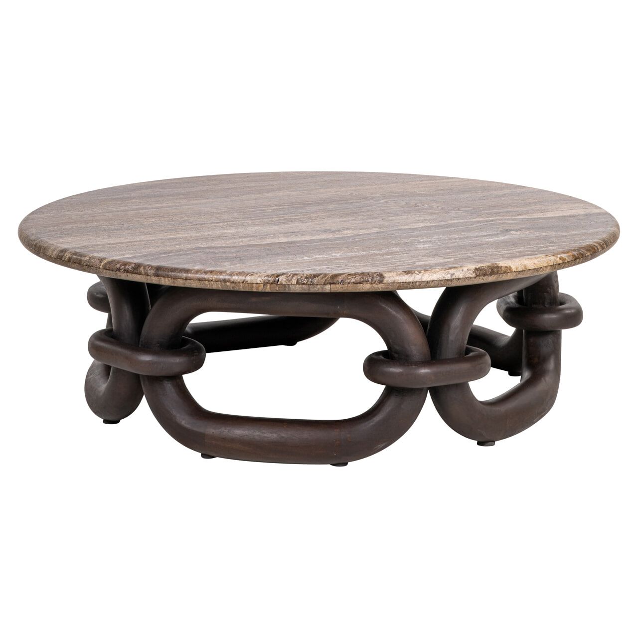 Elegante ronde salontafel Richmond Chainey – Travertine & Mango in Ash Brown, 110 cm