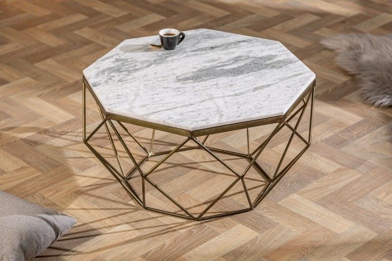Elegante salontafel DIAMOND 70 cm – wit & messing met marmeren blad