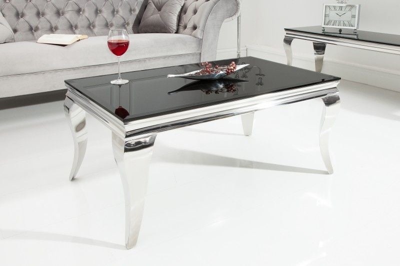 Elegante salontafel Modern Barok – 100 cm, zilveren afwerking met zwart opaalglas