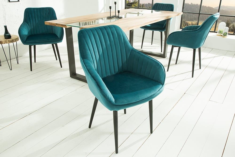 Elegante Turquoise Fluwelen Armleuningstoel TURIJN – Luxe voor de Eetkamer