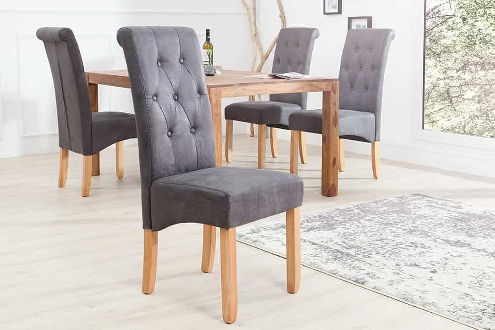 Elegante vintage eetkamerstoel CASA in stijlvol grijs – massief houten poten met decoratieve knopen