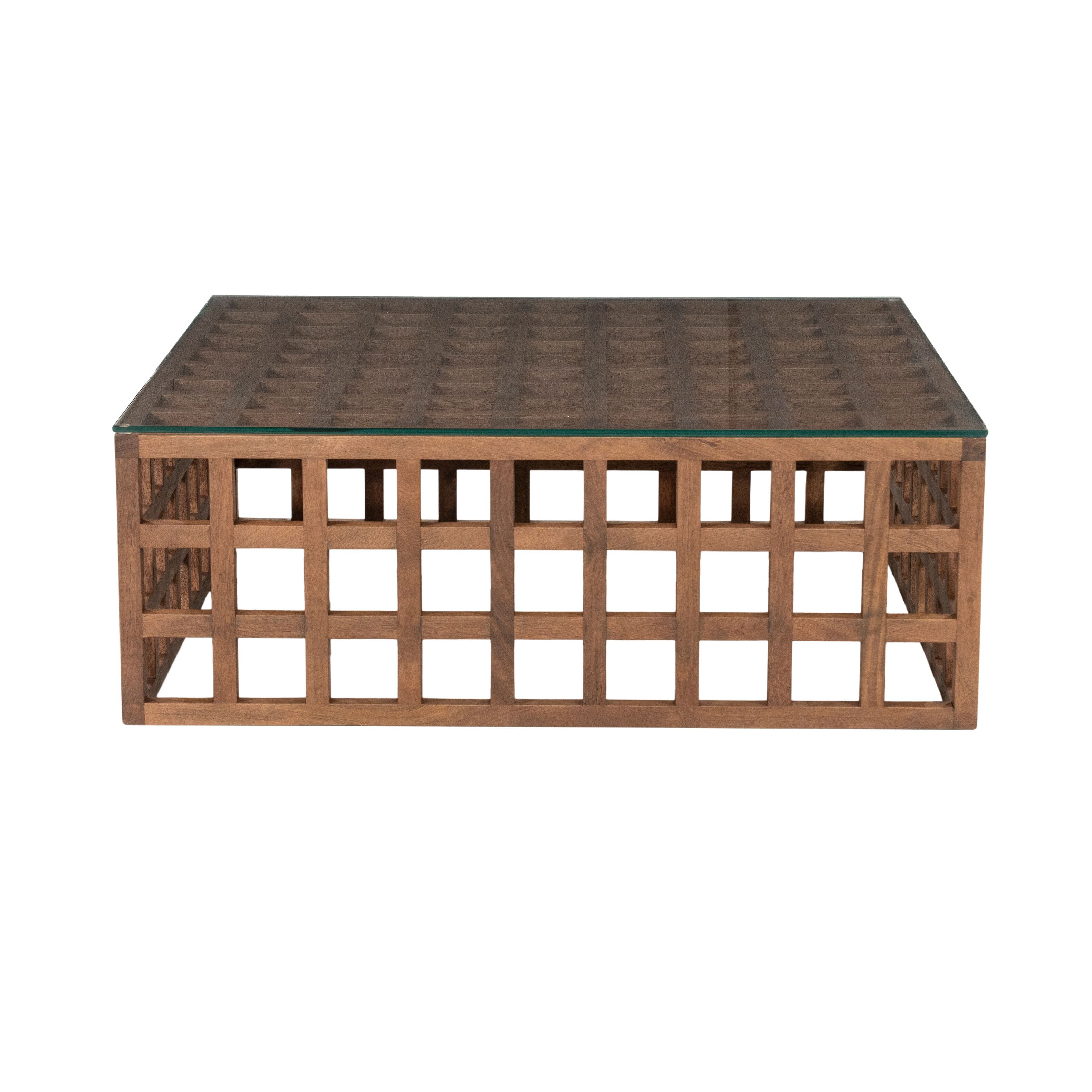 Eleonera Vierkante Salontafel Heras – Mangohout en Glas, 90 × 90 cm