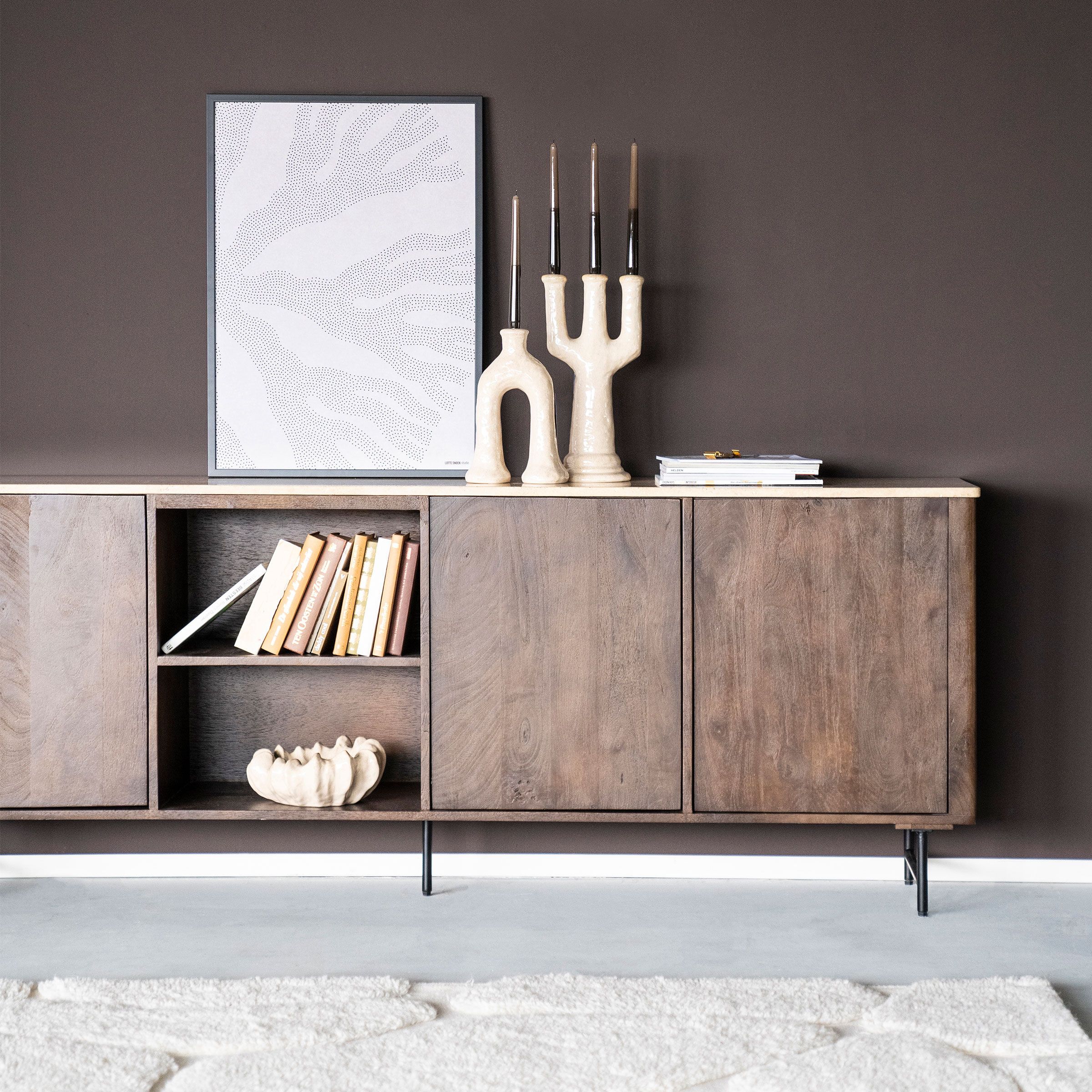 Eleonora Dressoir Lio – Mangohout & Travertin, 200 cm (Bruin)