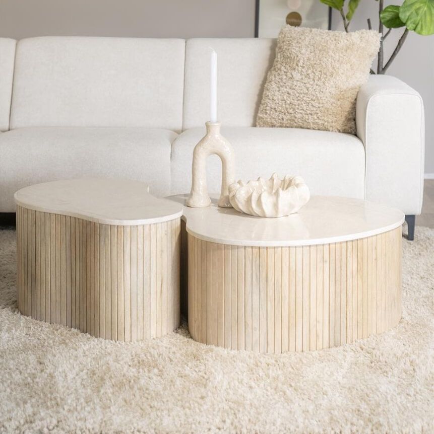 Eleonora Organische Salontafel Kira – mangohout‑marmer set van 2 (Beige, Japandi)