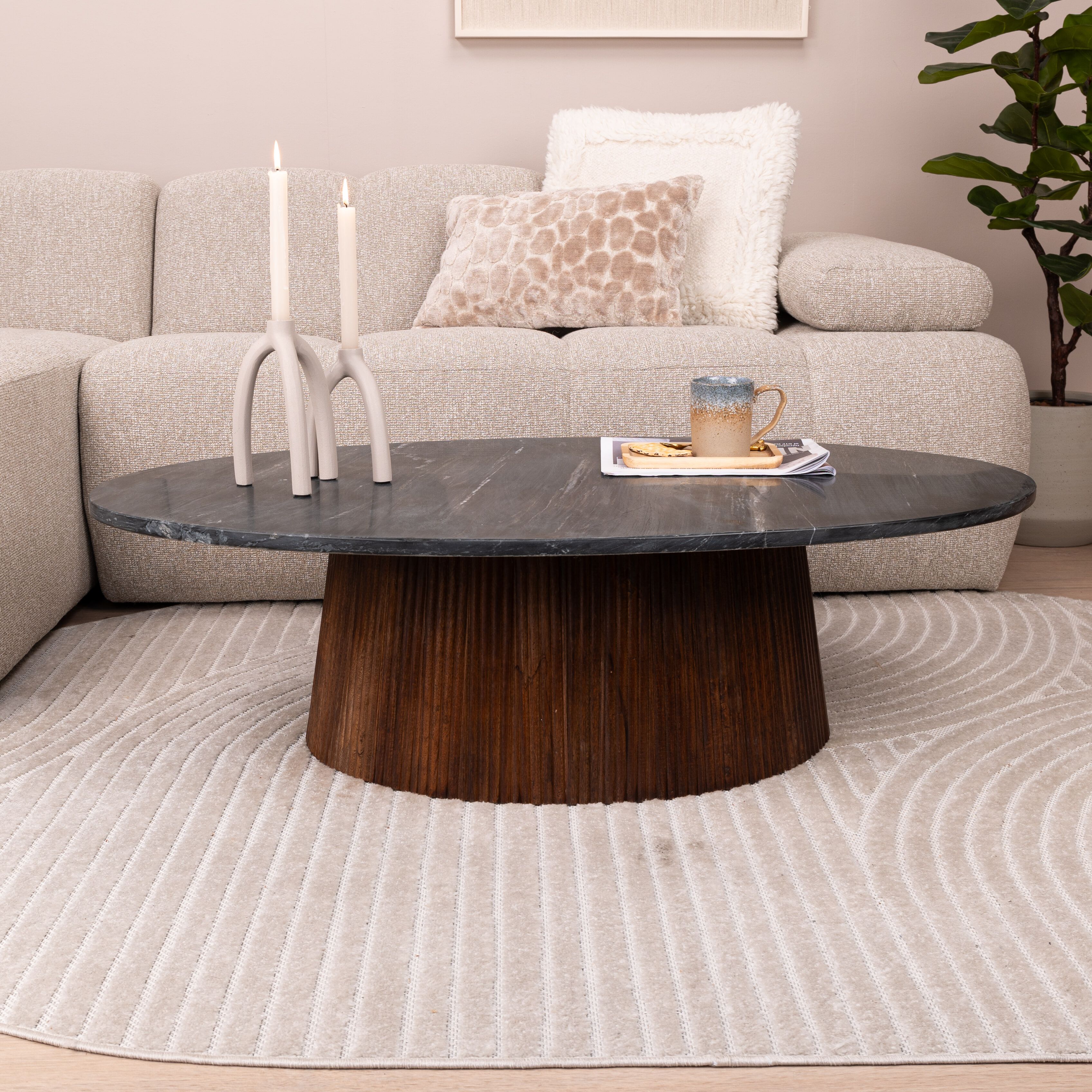 Eleonora Ovale Salontafel Maxim – Mangohout & Marmer, 120 × 70 cm