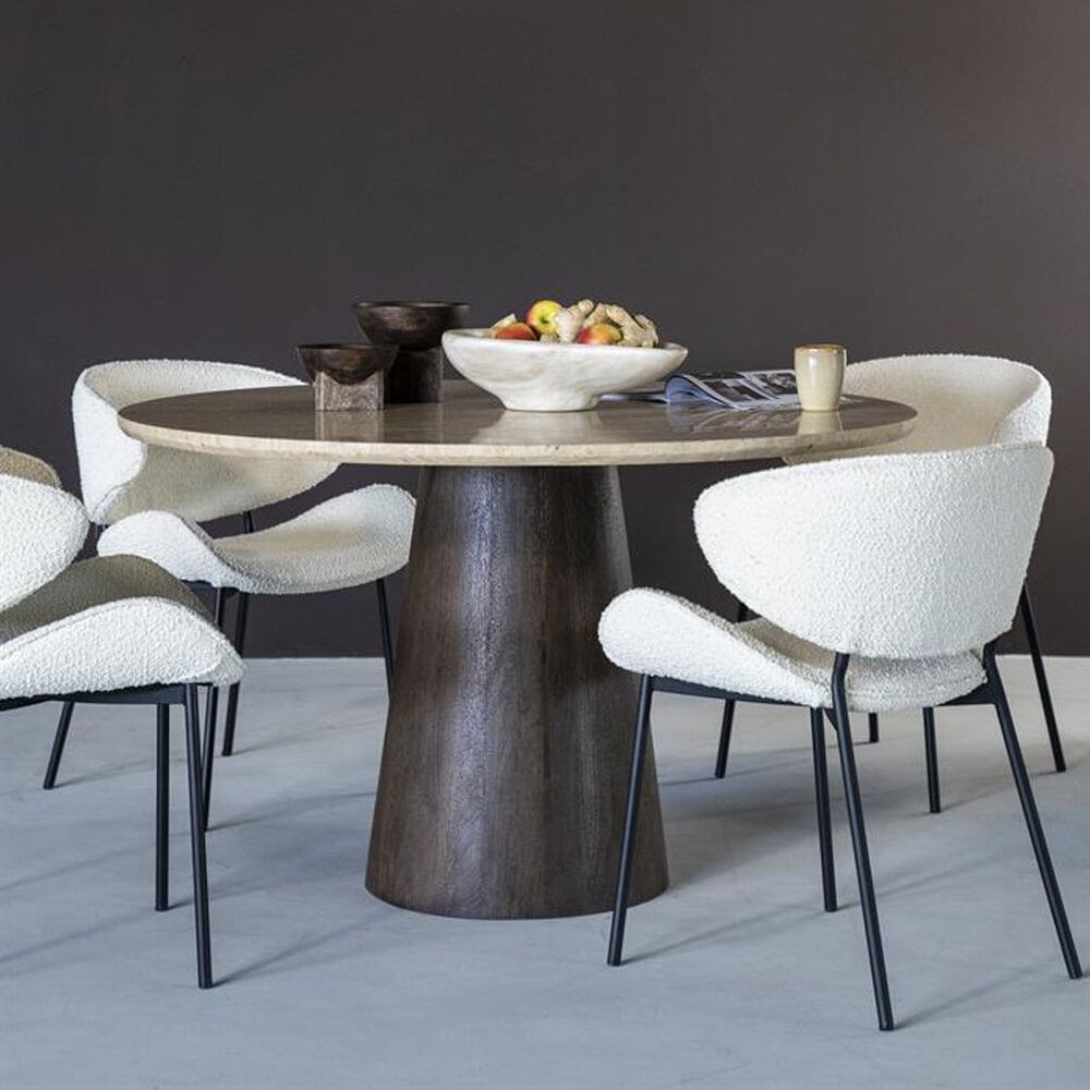 Eleonora Ronde eettafel Aikin – Travertin & Mangohout, 130 cm Japandi‑stijl