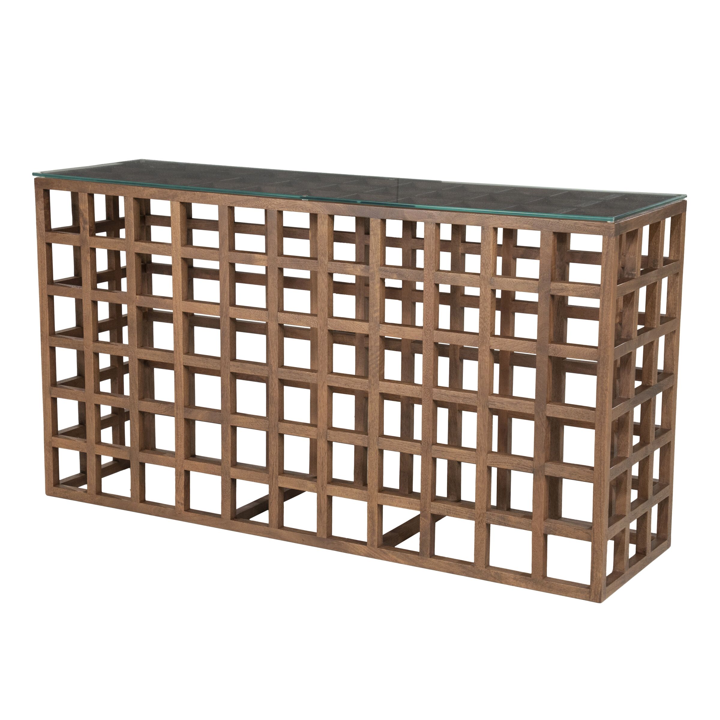 Eleonora Sidetable Heras – Luxe mangohouten bijzettafel met glazen blad, 140 cm