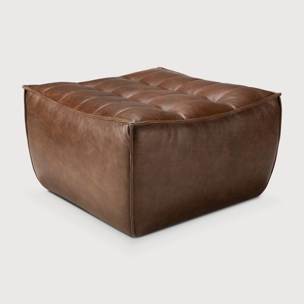 Ethnicraft Hocker N701 Leder – Luxe poef van 70 × 70 cm in Chestnut