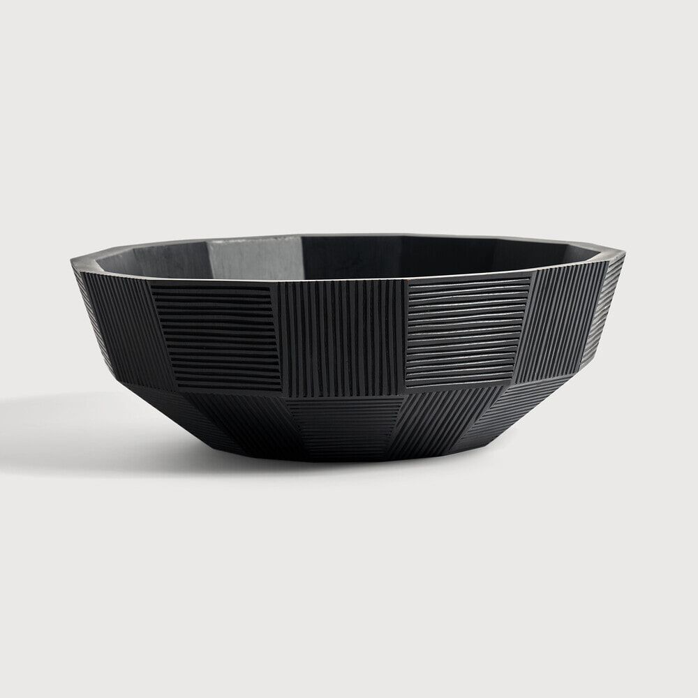 Ethnicraft Schaal Striped – Handgesneden ronde mahoniehouten schaal (40 cm) in zwart