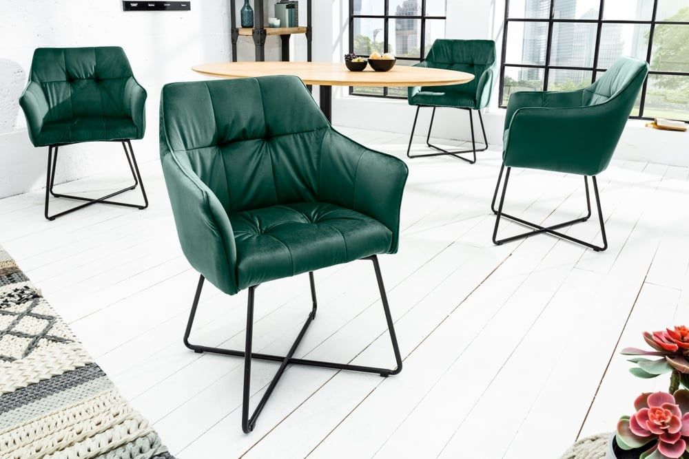 Exclusieve LOFT design stoel in fluweelgroen met zwart mat metalen frame – Invicta Interior