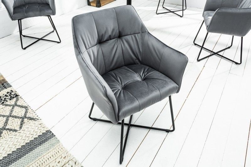 Exclusieve LOFT designstoel in fluweel zilvergrijs met armleuning – Invicta Interior