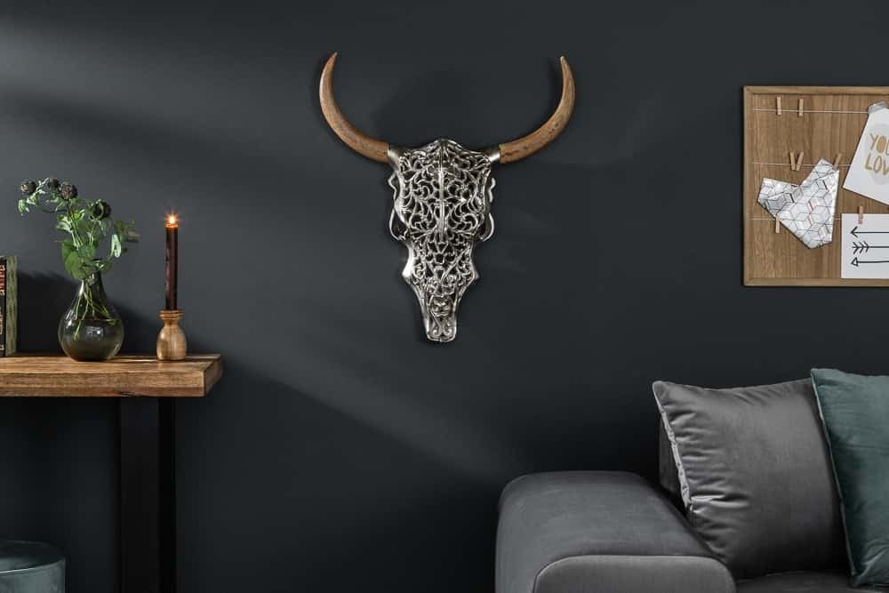 Exotische wanddecoratie – Zilveren mangohouten stierenkop 57 cm | Invicta Interior