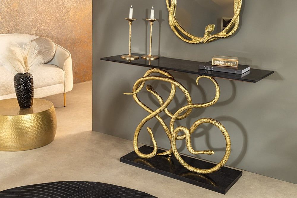 Extravagante consoletafel Wildlife Snake – Zwart & Goud, 115 cm, marmer & slangensculptuur – Invicta Interior