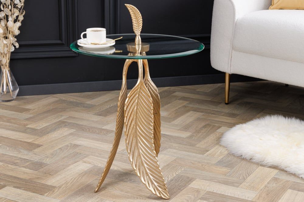 Extravagante ronde bijzettafel Feather – 65 cm, goud en glas